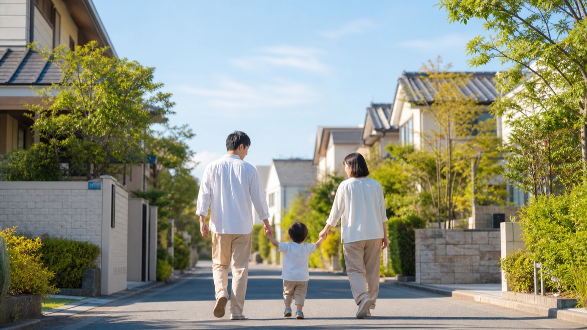 住宅街を歩く家族